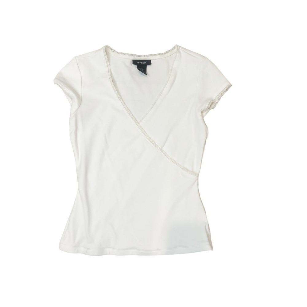 Vintage Y2K Express White Lace Trim Faux Wrap Top V-Neck Coquette Size Small